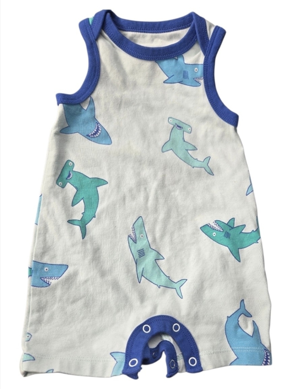 Cat & Jack Blue and Teal Shark Print Romper- 0-3mos EUC
